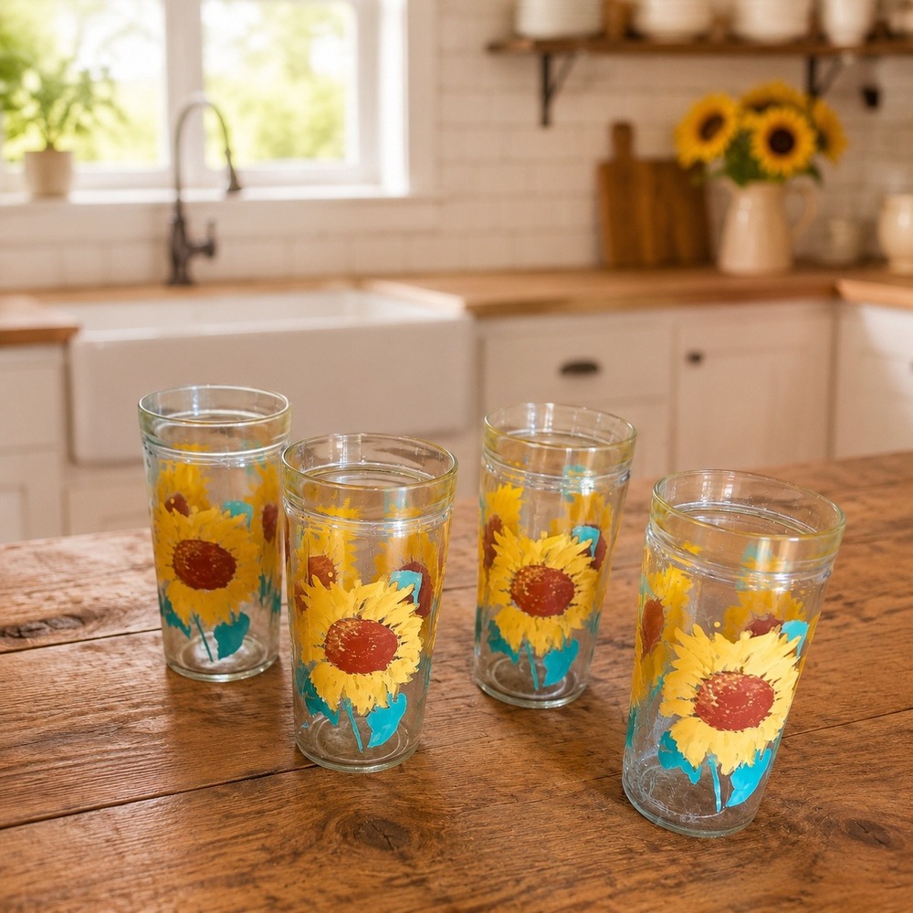 Vintage 70s Anchor Hocking Sunflower Jelly-Jar Tumbler Glass Set of 4